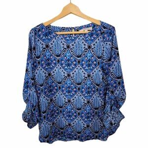 LOFT | Blue Pink Print Blouse Womens Small Keyhole Back Office